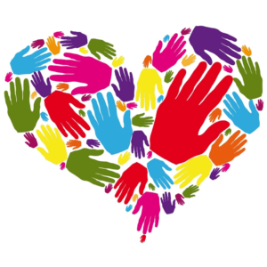 Heart-shaped image of multi-colored hand prints to signify Mary's Helping Hands